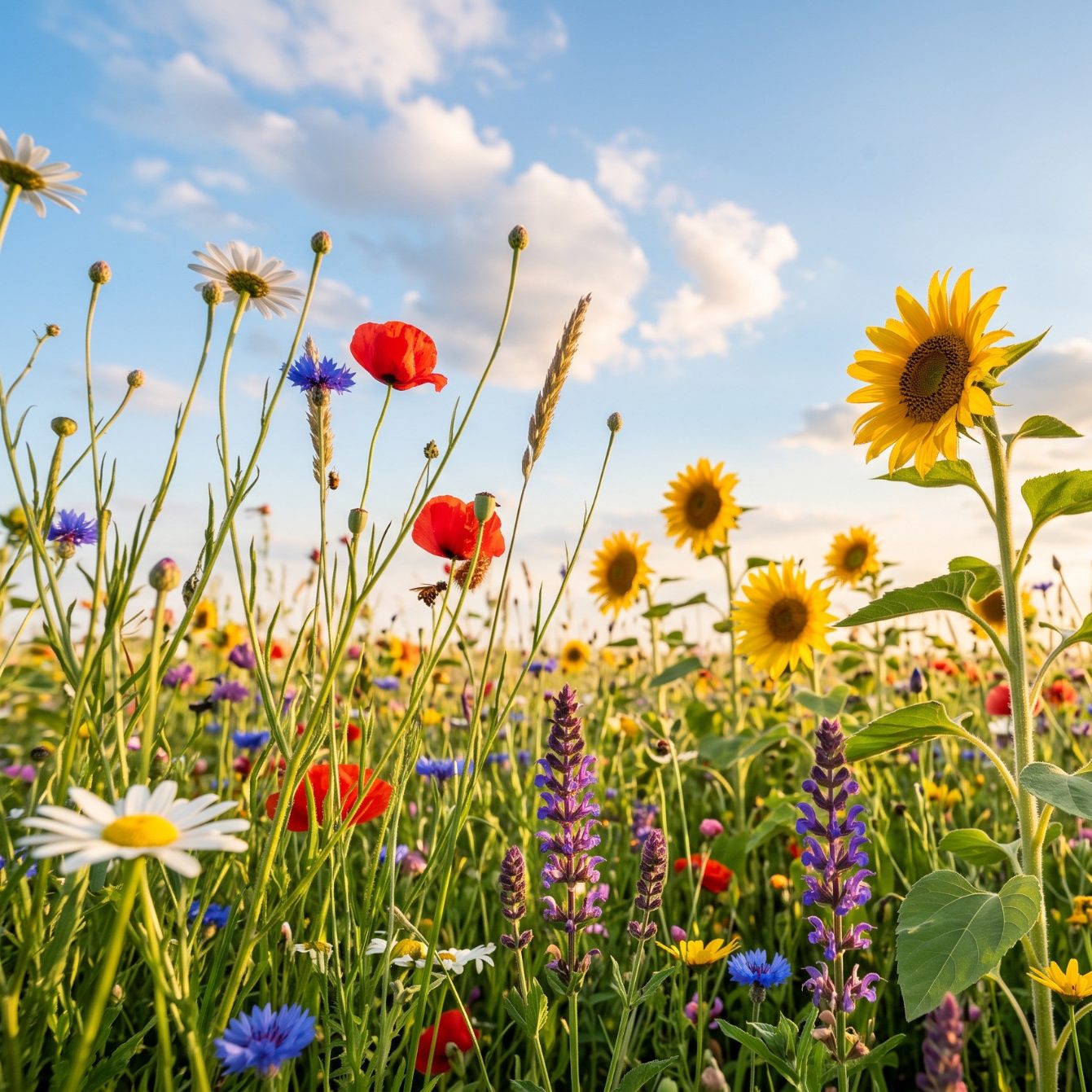 Blumenwiese KI generierte bunte Blumenwiese unter leicht bewölktem, blauen Himmel